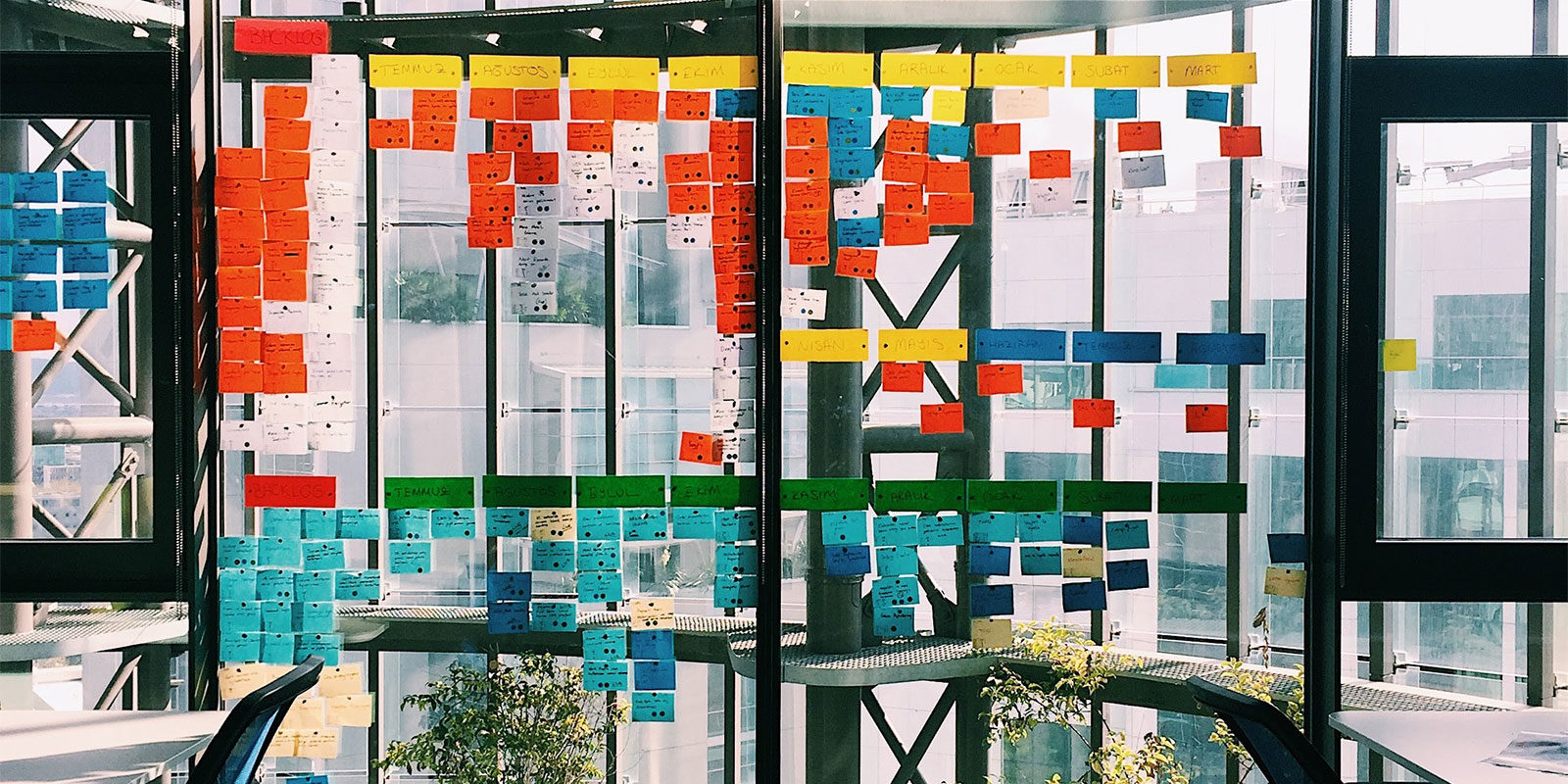 office window with post-it notes