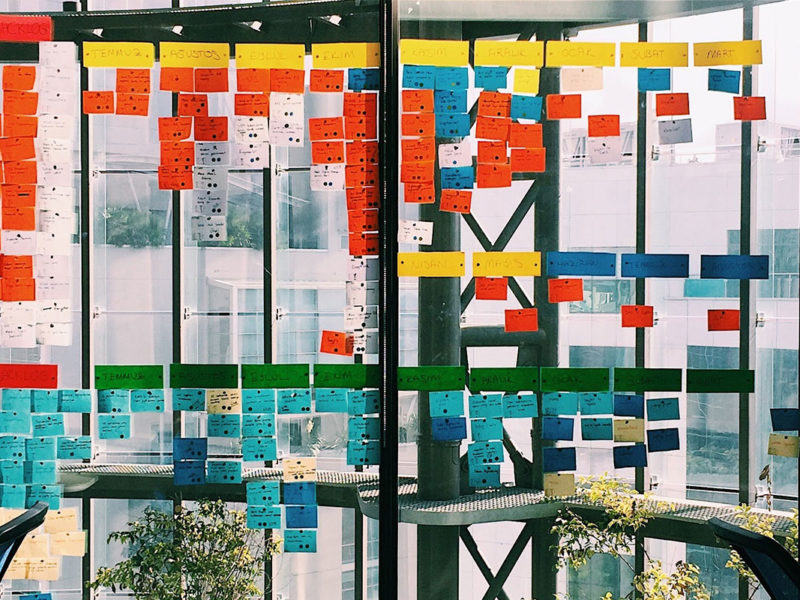 office window with post-it notes